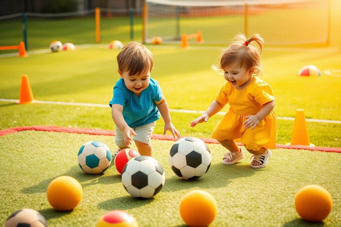A vibrant outdoor play area designed for toddlers, showcasing a well-organized ball safety setup. In the foreground, a soft, colorful play mat with plush balls scattered around, inviting joyful interaction. In the middle, two smiling toddlers, one wearing a bright blue t-shirt and the other in a sunny yellow outfit, are gently rolling balls to each other, demonstrating early ball-tracking skills. The background features a fenced grassy area adorned with safety cones and soft barriers, ensuring a secure environment. The lighting is warm and natural, creating a cheerful ambiance, with a soft focus effect to enhance the playful mood. Overall, the image captures a safe and engaging space for children to learn and play.