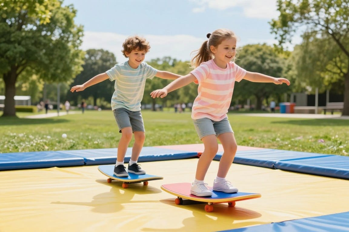 A vibrant, safe play environment featuring a balance board setup for kids. In the foreground, two smiling children, a boy and a girl, standing on a colorful balance board, dressed in casual sports attire. They demonstrate proper form, with their arms spread for balance and joy on their faces. In the middle ground, include soft foam mats surrounding the balance board to emphasize safety. The background showcases a sunny park with green grass, trees, and a clear blue sky, conveying a cheerful and energetic atmosphere. Use warm, soft colors with natural lighting to create a friendly and inviting scene, shot from a low angle to emphasize the kids engaged in play while ensuring a sense of security and fun.