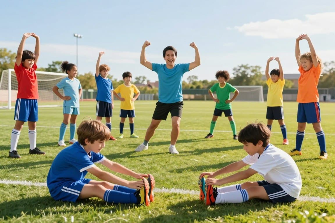 A vibrant scene at a sunny soccer field, showcasing a diverse group of smiling children aged 6-10 performing various stretching routines before practice. In the foreground, two kids are reaching for their toes in a seated position, while others are stretching their arms overhead and doing side bends. The middle ground features a cheerful coach demonstrating a hip flexor stretch, surrounded by enthusiastic kids in colorful athletic wear. The background includes green grass, goalposts, and a clear blue sky. Soft, warm lighting casts gentle shadows, creating a friendly and inviting atmosphere. The overall mood is joyful, emphasizing teamwork and fun in a safe play environment.
