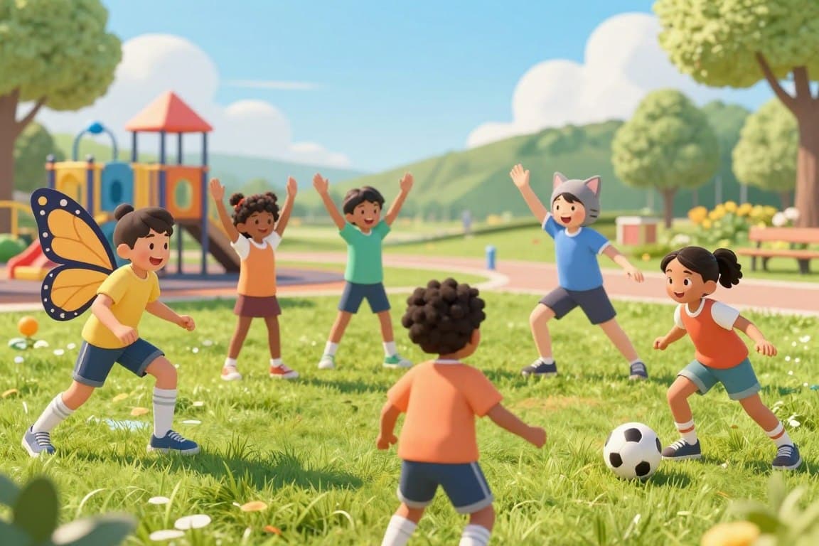 A vibrant scene depicting a group of cheerful children engaging in warm-up games in a sunny park setting. In the foreground, three kids of diverse backgrounds are playing a friendly game of tag, with big smiles on their faces. In the middle, a couple of kids are stretching together, mimicking fun animal poses like a butterfly and a cat, showcasing playful, energetic body movements. The background features green grass, colorful playground equipment, and a few trees under a bright blue sky. Soft lighting creates a warm and inviting atmosphere, while the angle captures the joy and camaraderie of the activity. The overall mood is lively and fun, emphasizing the enjoyment of stretching through play, without any text, logos, or distractions.