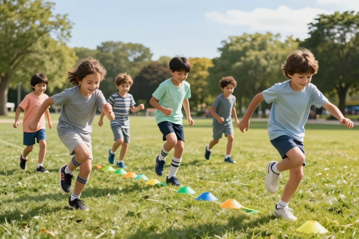 A vibrant scene depicting a group of smiling kids engaged in agility training on a grassy field under soft, warm sunlight. In the foreground, two children are in mid-sprint, demonstrating proper sprinting posture with their knees lifted high and arms pumping efficiently. In the middle ground, another child is skillfully changing direction, foot angled sharply as they pivot, showcasing agility mechanics. Behind them, a few more kids are engaging in playful drills with cones arranged in a zigzag pattern. The background features a peaceful park setting with trees and a clear blue sky, creating an atmosphere of joy and energy. The image should capture a sense of wellness and active play, focusing on the dynamic movements of the children in modest athletic clothing, emphasizing teamwork and fun in physical activity. A vibrant scene depicting a group of smiling kids engaged in agility training on a grassy field under soft, warm sunlight. In the foreground, two children are in mid-sprint, demonstrating proper sprinting posture with their knees lifted high and arms pumping efficiently. In the middle ground, another child is skillfully changing direction, foot angled sharply as they pivot, showcasing agility mechanics. Behind them, a few more kids are engaging in playful drills with cones arranged in a zigzag pattern. The background features a peaceful park setting with trees and a clear blue sky, creating an atmosphere of joy and energy. The image should capture a sense of wellness and active play, focusing on the dynamic movements of the children in modest athletic clothing, emphasizing teamwork and fun in physical activity.