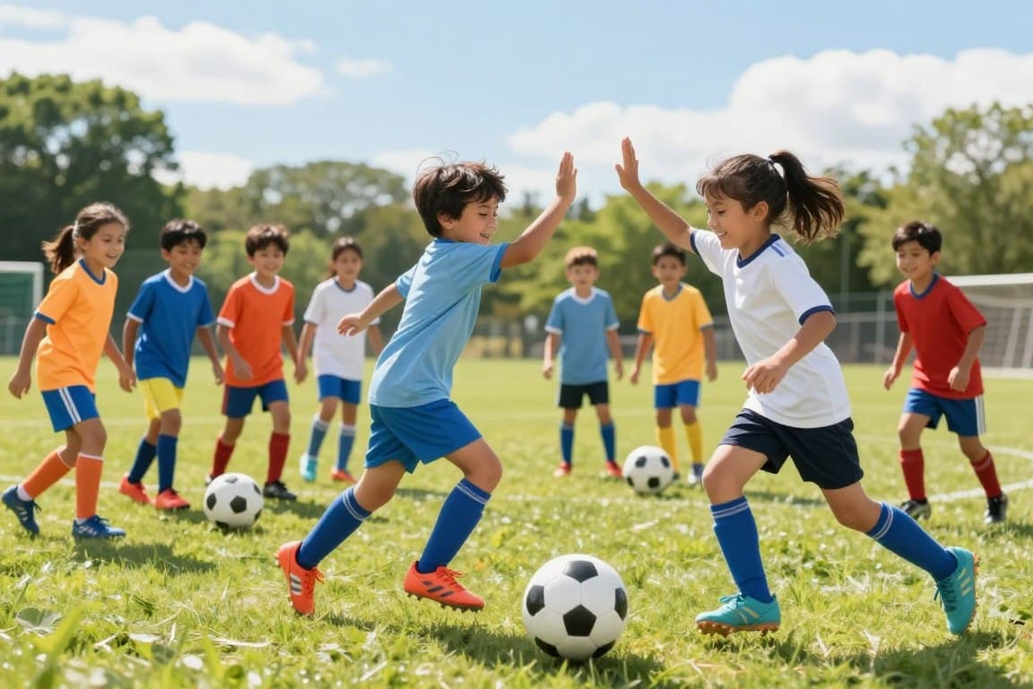 A vibrant soccer field bustling with activity, featuring a diverse group of smiling children ages 8-12, engaged in teamwork. In the foreground, two kids are high-fiving after a well-executed pass, their faces radiating confidence and joy. In the middle ground, several teammates are positioned strategically, demonstrating focus and collaboration while eyeing the ball as it dribbles past them. The background captures a sunny day with soft, diffused lighting, casting gentle shadows on the grass, framed by trees and a clear blue sky. The atmosphere is lively and encouraging, embodying the spirit of play and camaraderie in a safe and supportive environment, conveying the valuable life skills gained through soccer.