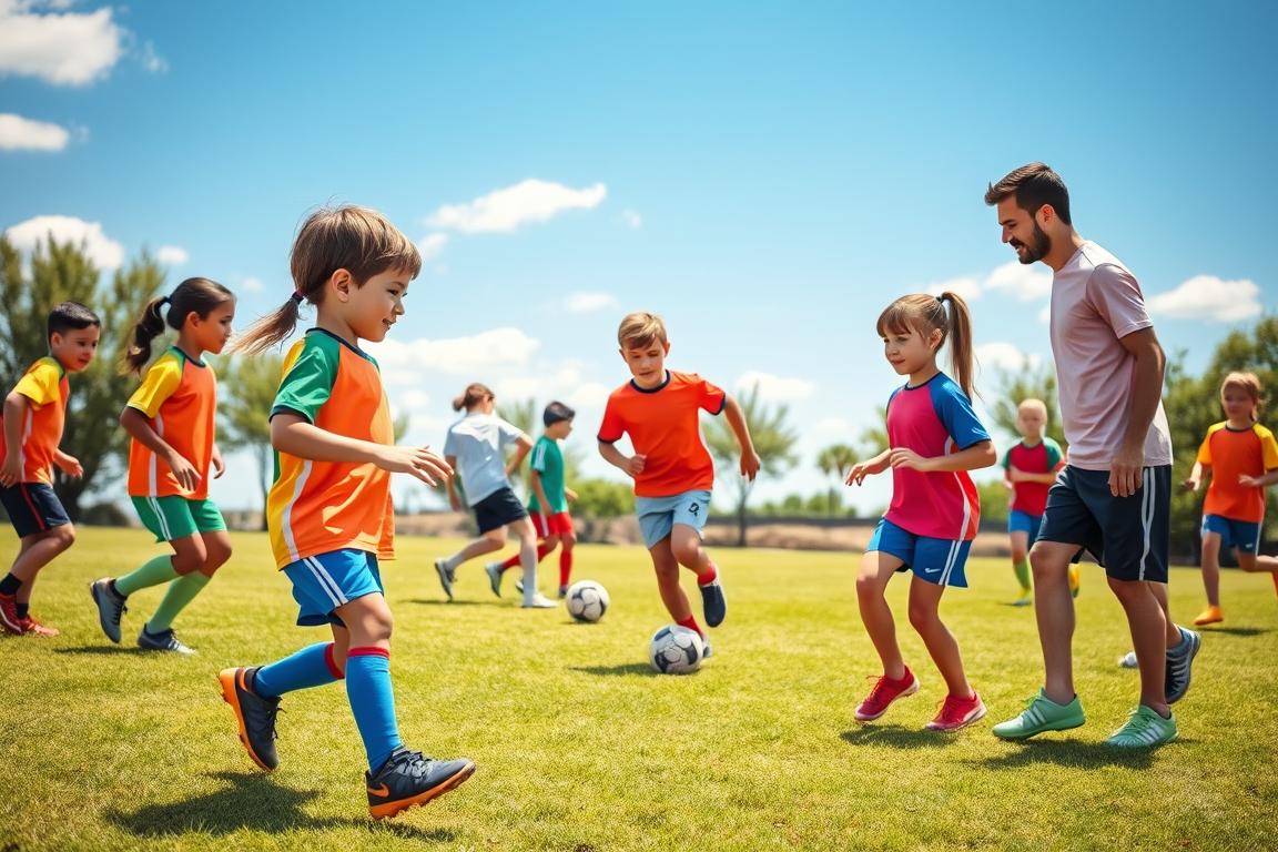 A vibrant soccer field scene featuring a diverse group of happy young players aged 8-12, wearing colorful jerseys and shorts, engaged in a practice drill. In the foreground, two children are passing a soccer ball to each other, both smiling and demonstrating teamwork. In the middle ground, a small group of players is practicing dribbling, while a supportive coach, a friendly adult in casual coaching attire, observes and provides guidance. The background displays a sunny day with a clear blue sky, a few fluffy clouds, and trees lining the edge of the field, creating a cheerful and encouraging atmosphere. The lighting is soft and warm, highlighting the excitement and joy of youth sports in a safe, playful environment.