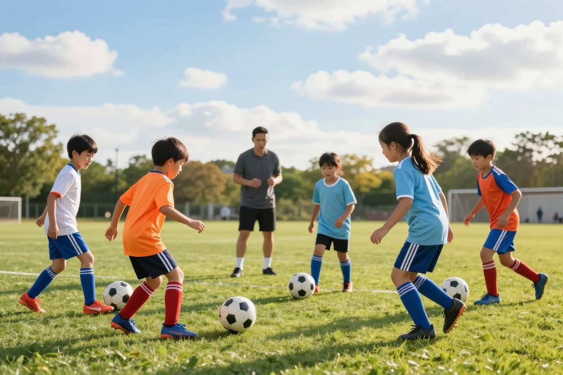 A vibrant soccer field scene showcasing children aged 8-12 engaging in passing drills, emphasizing teamwork and skill development. In the foreground, a group of four kids, dressed in colorful, modest soccer gear, are actively involved in passing the ball to each other. Their faces display joy and focused determination. In the middle ground, a coach is observing and giving encouragement, fostering a supportive environment. The background features a bright blue sky, with soft, scattered clouds, and trees lining the field, creating a cheerful atmosphere. The lighting is soft and warm, suggesting late afternoon sun, enhancing the inviting, energetic mood of the workout session. The image should evoke a sense of playfulness, community, and development in a safe, fun environment.