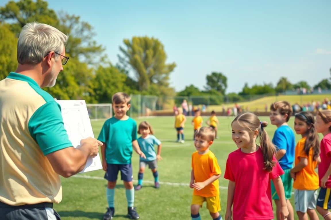 A vibrant soccer field set during a sunny day, featuring a diverse group of smiling children, aged 8 to 12, dressed in colorful, modest soccer uniforms, learning various formations. In the foreground, a coach points to a tactical board, explaining shapes like triangles, diamonds, and rectangles with enthusiasm. In the middle ground, kids are practicing these formations on the field, with one group forming a triangle and another arranging themselves into a diamond. The background showcases green trees, a clear blue sky, and distant spectators enjoying the game, creating a joyful and energetic atmosphere. Soft, natural lighting enhances the colors, offering a warm, inviting scene that emphasizes teamwork and learning in a safe play environment.