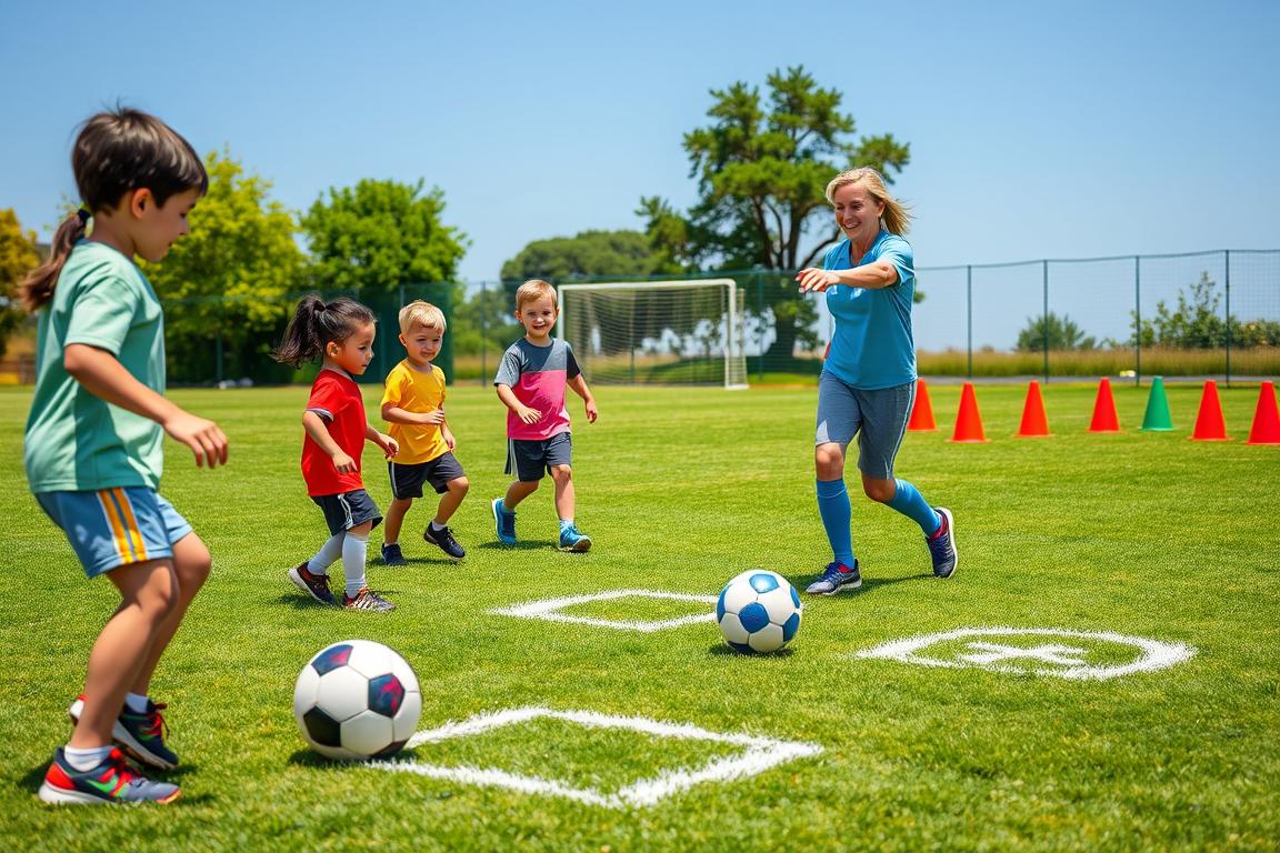 A vibrant soccer practice scene showcasing a diverse group of smiling children, aged 8-10, engaged in drills on a lush green field. In the foreground, a couple of kids dribble a soccer ball using controlled movements, learning about shapes like squares and triangles marked on the grass. In the middle ground, a coach, dressed in casual athletic wear, is demonstrating a drill with enthusiasm, pointing towards the shapes. The background features colorful cones arranged in various geometric patterns, with clear blue skies and soft sunlight illuminating the scene. The overall mood is joyful and energetic, capturing the essence of learning through play in a safe environment.