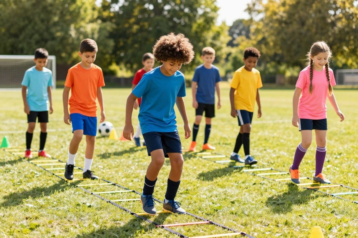 A vibrant soccer training scene featuring a diverse group of smiling youth, aged 12-15, executing the Ickey Shuffle on a colorful agility ladder. In the foreground, a boy with curly hair and a girl with braids showcase precise footwork, their expressions joyful and focused. In the middle ground, additional kids practice various footwork drills, surrounded by cones and training gear, emphasizing teamwork and skill development. The background features a sunny, grassy soccer field with trees lining the perimeter, casting soft, dappled shadows, enhancing the cheerful atmosphere. Bright, natural lighting highlights the action, and the focus is slightly shallow, blurring the distant players to draw attention to the energetic movements in the forefront. The image captures an inspiring and supportive training environment.
