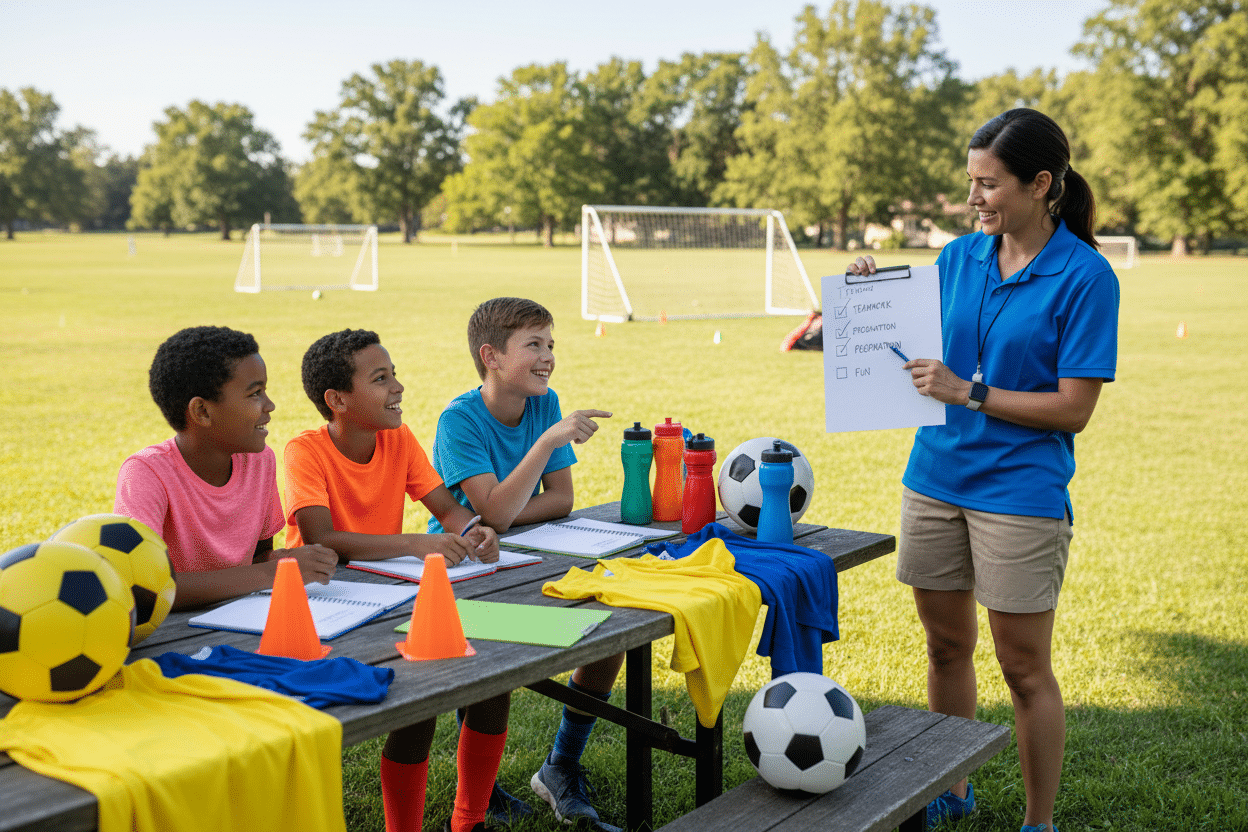 A vibrant and inviting soccer camp planning scene, showcasing an outdoor picnic table strewn with colorful soccer gear, notebooks, and hydration bottles. In the foreground, a group of smiling children, dressed in modest casual sports attire, enthusiastically discussing their soccer camp goals and routines. In the middle, a caring coach, dressed in a polo shirt and shorts, is sharing a checklist with the kids, emphasizing teamwork and preparation. The background features a sunny park with green grass, soccer nets in the distance, and trees lining the perimeter, creating a warm and cheerful atmosphere. Soft natural lighting enhances the joyful mood, with a focus on the kids' expressions and the vibrant colors of the scene. Use a slight depth of field to emphasize the foreground elements while keeping the background gently blurred. A vibrant and inviting soccer camp planning scene, showcasing an outdoor picnic table strewn with colorful soccer gear, notebooks, and hydration bottles. In the foreground, a group of smiling children, dressed in modest casual sports attire, enthusiastically discussing their soccer camp goals and routines. In the middle, a caring coach, dressed in a polo shirt and shorts, is sharing a checklist with the kids, emphasizing teamwork and preparation. The background features a sunny park with green grass, soccer nets in the distance, and trees lining the perimeter, creating a warm and cheerful atmosphere. Soft natural lighting enhances the joyful mood, with a focus on the kids' expressions and the vibrant colors of the scene. Use a slight depth of field to emphasize the foreground elements while keeping the background gently blurred.