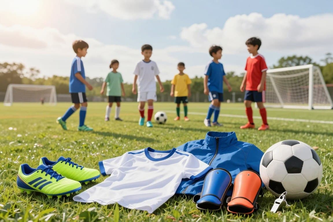 A vibrant outdoor scene capturing essential clothing and safety items for a kids' soccer camp. In the foreground, neatly arranged items include a pair of bright soccer cleats, a white and blue jersey, a lightweight water-resistant jacket, a set of colorful shin guards, a sturdy soccer ball, and a safety whistle. In the middle ground, smiling children, dressed in modest soccer gear, engage in light play, demonstrating a safe and friendly environment. The background features a sunny sky with scattered clouds, lush green grass, and goalposts. Soft colors dominate the scene, creating a joyous atmosphere. The lighting is warm and inviting, with gentle shadows, as if captured with a wide-angle lens for a cheerful, engaging perspective. A vibrant outdoor scene capturing essential clothing and safety items for a kids' soccer camp. In the foreground, neatly arranged items include a pair of bright soccer cleats, a white and blue jersey, a lightweight water-resistant jacket, a set of colorful shin guards, a sturdy soccer ball, and a safety whistle. In the middle ground, smiling children, dressed in modest soccer gear, engage in light play, demonstrating a safe and friendly environment. The background features a sunny sky with scattered clouds, lush green grass, and goalposts. Soft colors dominate the scene, creating a joyous atmosphere. The lighting is warm and inviting, with gentle shadows, as if captured with a wide-angle lens for a cheerful, engaging perspective.