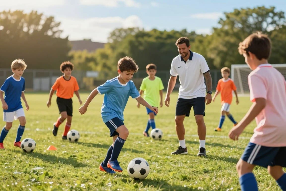 A vibrant soccer camp scene depicting an enthusiastic group of children aged 8-12 actively participating in various soccer drills. In the foreground, smiling kids in modest athletic gear are practicing dribbling and passing the ball. The middle ground features a friendly coach, clad in a neat uniform, guiding the children and offering encouragement. The background shows a lush green soccer field under soft, golden sunlight, with trees and a clear blue sky creating a warm, inviting atmosphere. The overall mood is joyful and energetic, highlighting teamwork and skill development. Use a slightly blurred focus to create a depth of field effect, capturing the essence of a fun and safe play environment. A vibrant soccer camp scene depicting an enthusiastic group of children aged 8-12 actively participating in various soccer drills. In the foreground, smiling kids in modest athletic gear are practicing dribbling and passing the ball. The middle ground features a friendly coach, clad in a neat uniform, guiding the children and offering encouragement. The background shows a lush green soccer field under soft, golden sunlight, with trees and a clear blue sky creating a warm, inviting atmosphere. The overall mood is joyful and energetic, highlighting teamwork and skill development. Use a slightly blurred focus to create a depth of field effect, capturing the essence of a fun and safe play environment.