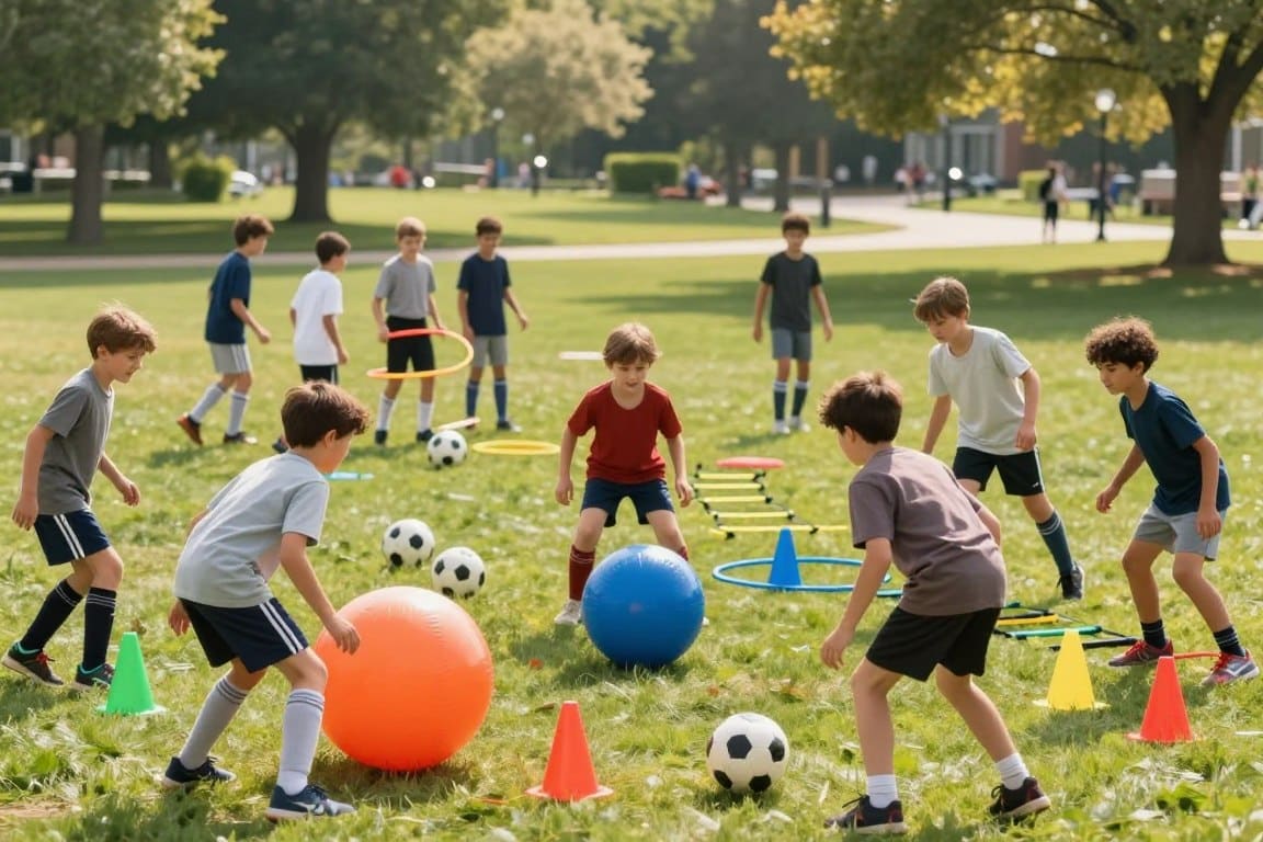 A vibrant soccer camp scene filled with smiling children engaged in various innovative challenges and creative variations of soccer activities. In the foreground, a diverse group of kids, ages 6 to 12, in modest sports clothing, are playing a unique game involving oversized inflatable balls and colorful cones. In the middle ground, another group is setting up a relay race with obstacles like hula hoops and agility ladders, showcasing teamwork and excitement. The background features a sunny day at a well-maintained park, with green grass and trees, creating a warm and inviting atmosphere. Use soft colors and natural lighting to convey a joyful, energetic mood, with a slightly elevated angle to capture the dynamic playfulness of the scene.