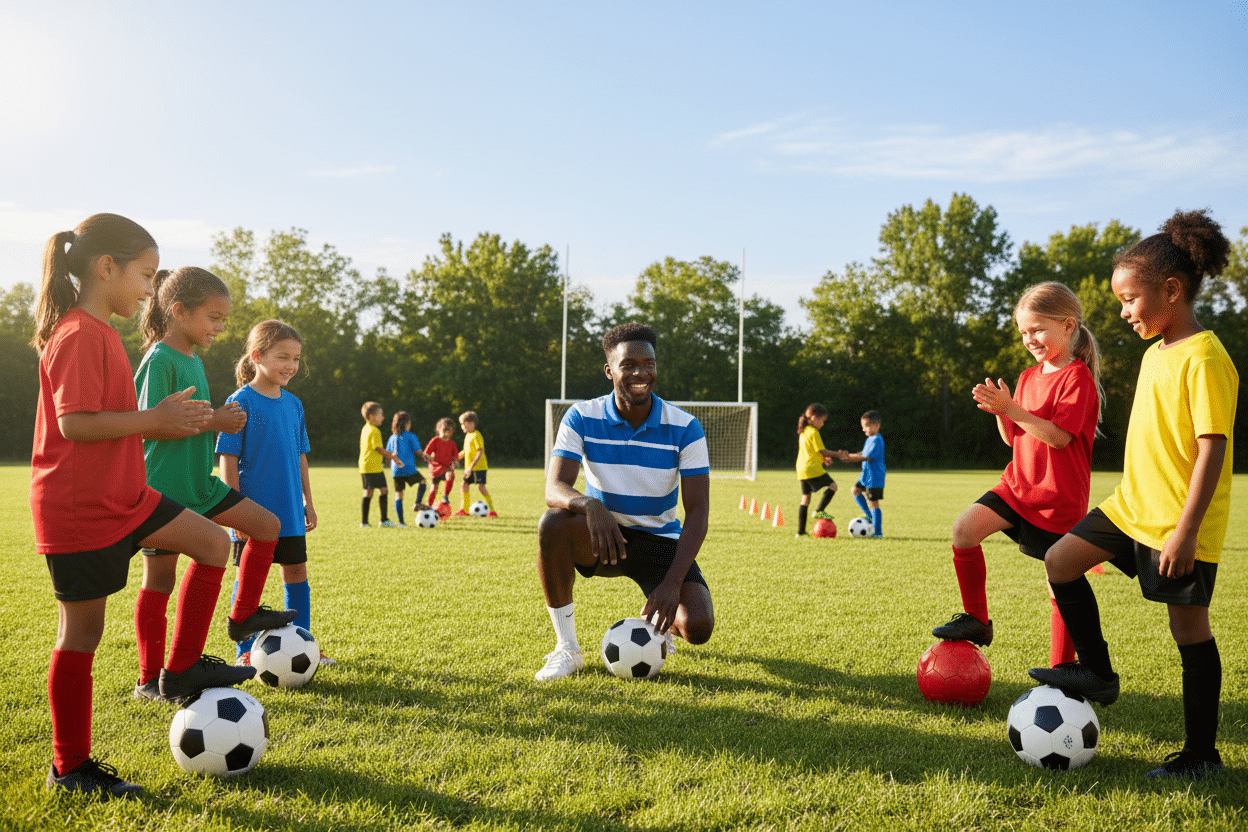 A vibrant soccer camp scene showcasing the coaching and training advantages for children. In the foreground, a smiling coach, dressed in a professional athletic outfit, demonstrates a soccer technique to a group of eager kids in colorful jerseys, all engaged and actively participating. In the midground, several children practice dribbling and passing the ball, displaying teamwork and excitement. The background features a well-maintained soccer field with goalposts, lush green grass, and trees framing the scene under a bright, sunny sky. Soft, warm lighting enhances the cheerful atmosphere. Capture the enthusiasm and learning spirit of the camp, evoking a sense of camaraderie and growth in a safe play environment. A vibrant soccer camp scene showcasing the coaching and training advantages for children. In the foreground, a smiling coach, dressed in a professional athletic outfit, demonstrates a soccer technique to a group of eager kids in colorful jerseys, all engaged and actively participating. In the midground, several children practice dribbling and passing the ball, displaying teamwork and excitement. The background features a well-maintained soccer field with goalposts, lush green grass, and trees framing the scene under a bright, sunny sky. Soft, warm lighting enhances the cheerful atmosphere. Capture the enthusiasm and learning spirit of the camp, evoking a sense of camaraderie and growth in a safe play environment.