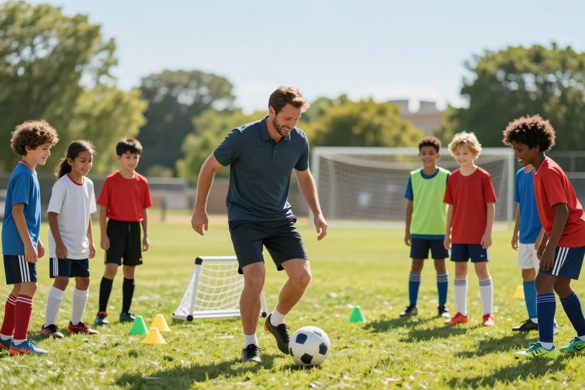 A vibrant soccer camp scene with expert coaching in action. In the foreground, a friendly soccer coach, wearing a polo shirt and shorts, demonstrates dribbling techniques to a group of smiling children in modest athletic clothing. The kids, of varying ethnicities, are engaged and eager to learn. In the middle, a well-maintained soccer field with cones and small goals, vibrant green grass, and bright sun casting soft, warm light over the scene. In the background, blurred silhouettes of trees and a clear blue sky create a cheerful atmosphere. The overall mood is uplifting and energetic, reflecting the spirit of teamwork and skill development in a safe and positive environment. A vibrant soccer camp scene with expert coaching in action. In the foreground, a friendly soccer coach, wearing a polo shirt and shorts, demonstrates dribbling techniques to a group of smiling children in modest athletic clothing. The kids, of varying ethnicities, are engaged and eager to learn. In the middle, a well-maintained soccer field with cones and small goals, vibrant green grass, and bright sun casting soft, warm light over the scene. In the background, blurred silhouettes of trees and a clear blue sky create a cheerful atmosphere. The overall mood is uplifting and energetic, reflecting the spirit of teamwork and skill development in a safe and positive environment.