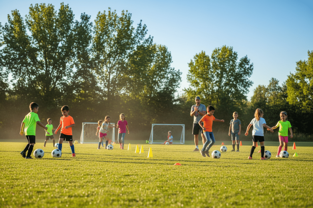 A vibrant soccer practice field bustling with energy, showcasing a group of children aged 8-12 engaging in small-sided games and drills. In the foreground, smiling kids in colorful, modest sports attire are dribbling soccer balls, practicing passes, and participating in cheerful team activities. The middle ground features two small-sided goals, cones marking boundaries, and a coach actively encouraging the players, fostering teamwork and camaraderie. The background reveals a sunny day with lush green grass, trees lining the field, and a clear blue sky. Soft, warm lighting enhances the joyful atmosphere, capturing a sense of fun and learning. The scene is designed to promote a safe and playful environment, emphasizing the importance of small-sided games in soccer training.