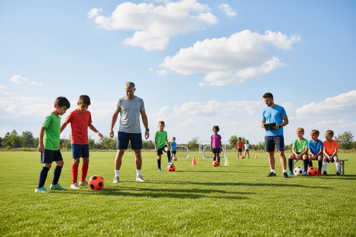 A vibrant soccer practice scene featuring a diverse group of smiling kids, ages 8 to 12, actively engaged in drills on a sunny day. In the foreground, a friendly coach, wearing a casual sports outfit, demonstrates a passing drill to a pair of enthusiastic players. The middle ground shows several children practicing dribbling and shooting, while a few others are taking notes from a clipboard, illustrating coaching techniques. In the background, a lush green soccer field extends towards a bright blue sky dotted with fluffy white clouds. Soft lighting casts a warm, inviting glow over the scene, creating a cheerful and motivating atmosphere. The focus is clear and well-composed to emphasize teamwork and skill-building in a safe, playful environment.