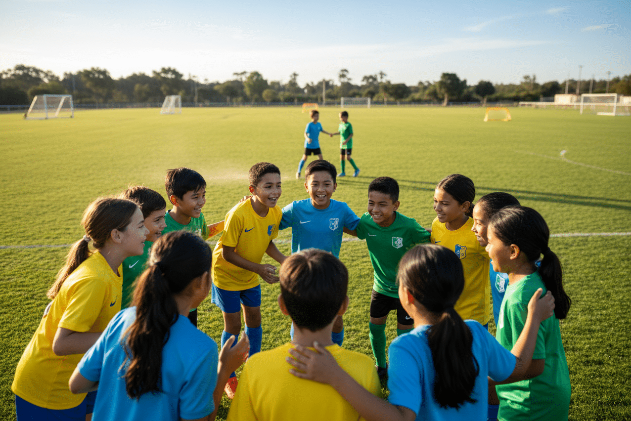 A vibrant youth soccer scene showcasing teamwork and communication on the field. In the foreground, a diverse group of smiling children in colorful soccer kits are engaged in a huddle, discussing tactics and encouraging each other. Their expressions reflect enthusiasm and camaraderie. In the middle ground, a couple of kids practice passing the ball back and forth, demonstrating cooperation. The background features a lush green soccer field under a bright blue sky, with soft sunlight illuminating the scene, creating a warm and inviting atmosphere. The camera angle is slightly low to emphasize the children's energy, capturing the essence of teamwork in a safe, playful environment.