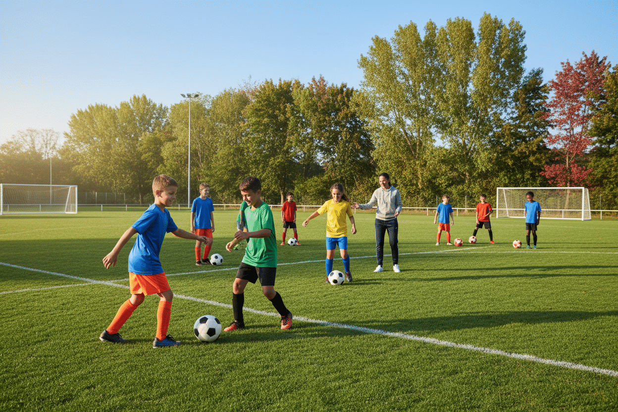 A dynamic soccer field scene during a morning warm-up, where a diverse group of young athletes, dressed in colorful athletic wear, practice passing and receiving drills. In the foreground, two boys are engaged in a friendly passing exercise, laughing and focused. In the middle, a girl demonstrates receiving a ball with skillful footwork, while a coach provides guidance. The background showcases a green field with goalposts and vibrant trees under a clear blue sky. Soft, natural lighting bathes the scene, enhancing the cheerful and energetic atmosphere of teamwork and dedication. The image captures the spirit of youth, sportsmanship, and the joy of soccer preparation. A dynamic soccer field scene during a morning warm-up, where a diverse group of young athletes, dressed in colorful athletic wear, practice passing and receiving drills. In the foreground, two boys are engaged in a friendly passing exercise, laughing and focused. In the middle, a girl demonstrates receiving a ball with skillful footwork, while a coach provides guidance. The background showcases a green field with goalposts and vibrant trees under a clear blue sky. Soft, natural lighting bathes the scene, enhancing the cheerful and energetic atmosphere of teamwork and dedication. The image captures the spirit of youth, sportsmanship, and the joy of soccer preparation.