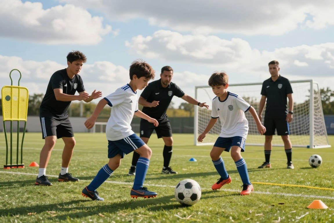 A dynamic soccer training scene featuring focused young strikers, aged 8-12, practicing on a vibrant green field. In the foreground, two children in modest athletic clothing exhibit precise ball control as they drive the ball towards the goal, showcasing their dedication and skill development. In the middle ground, enthusiastic coaches provide guidance, encouraging the players with expressive gestures. Equipment like cones and training gear is scattered around, emphasizing an active training environment. The background consists of a bright blue sky with soft, fluffy clouds, creating an uplifting atmosphere. The lighting is warm and natural, casting gentle shadows that enhance the cheerful mood. The image captures the essence of teamwork and growth, perfect for illustrating the benefits of soccer camp for aspiring strikers.