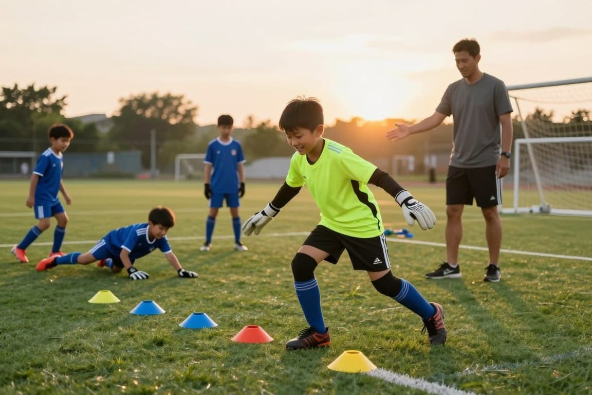A vibrant, dynamic soccer practice scene depicting young goalkeepers engaged in footwork and agility drills on a grassy field. In the foreground, a smiling child in a bright soccer kit is performing quick lateral movements around colorful agility cones, showcasing focused determination. In the middle ground, other young players are participating in various drills, practicing diving and positioning, all under the watchful eye of a coach encouraging them with a supportive gesture. In the background, the sun sets softly, casting a warm glow over the field, enhancing the atmosphere of teamwork and learning. The colors are warm and inviting, creating a positive and safe environment for youth sports.