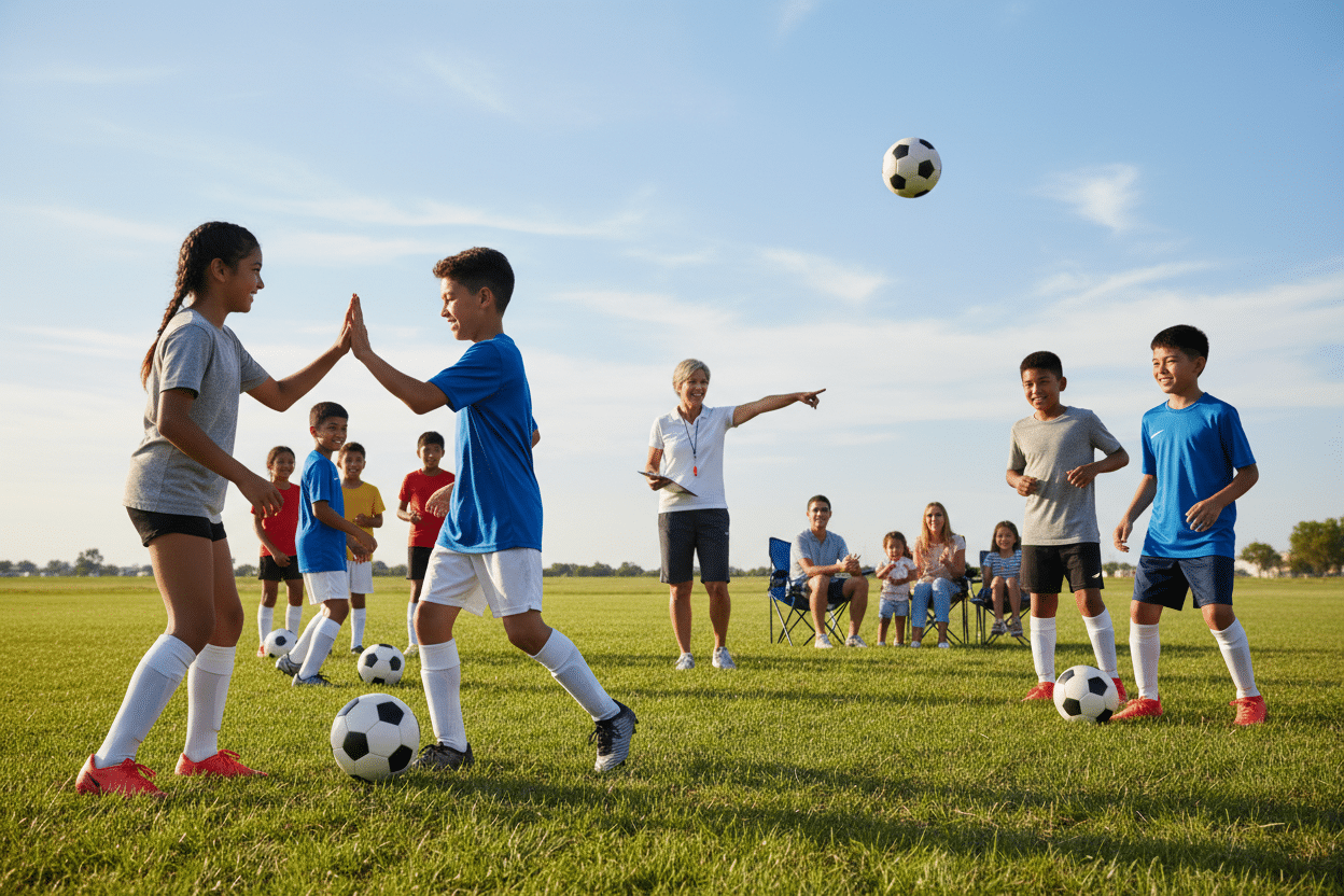 A vibrant soccer camp scene focusing on teamwork and networking among advanced young players. In the foreground, a diverse group of kids in modest athletic wear collaborates on soccer drills, showcasing their skills and enthusiasm. They are interacting with smiles, exchanging ideas, and encouraging each other. In the middle ground, a coach observes and provides guidance, fostering a supportive learning environment. The background features a lush green soccer field under a bright blue sky, with parents watching from afar, adding to the sense of community. The lighting is warm and inviting, capturing the energy of the camp. The overall atmosphere is positive, showcasing collaboration, talent, and the joy of the game.