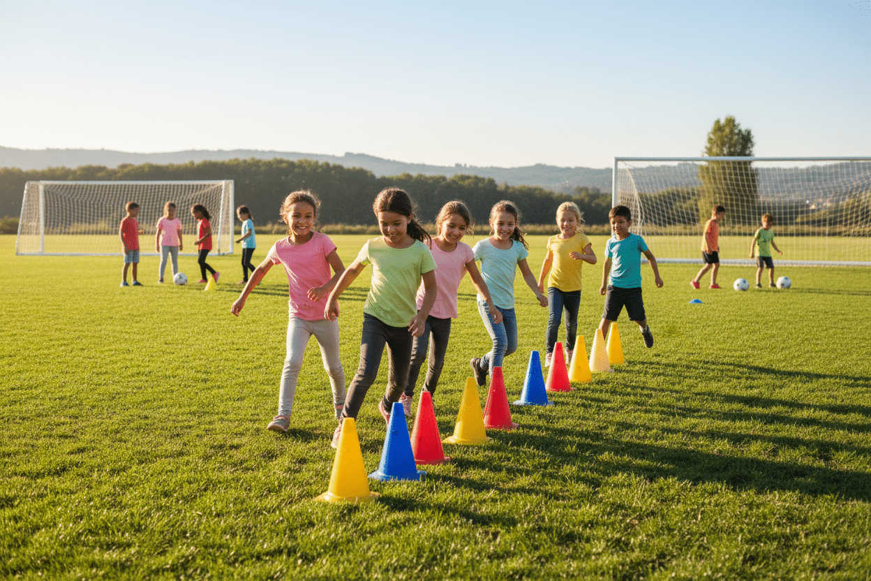 A vibrant soccer practice scene featuring smiling children aged 8-10 engaging in fun warm-up drills, specifically cone weaves. In the foreground, a group of diverse kids in modest casual athletic wear are energetically weaving in and out of colorful cones on a lush green soccer field. The middle ground shows other children practicing passing and footwork, while the background captures a bright, sunny day with a clear blue sky and distant soccer goals. Soft, warm lighting enhances the joyful atmosphere, creating an inviting and energetic mood. The scene embodies teamwork, enthusiasm, and a sense of playfulness, emphasizing the importance of engaging practice for young athletes.