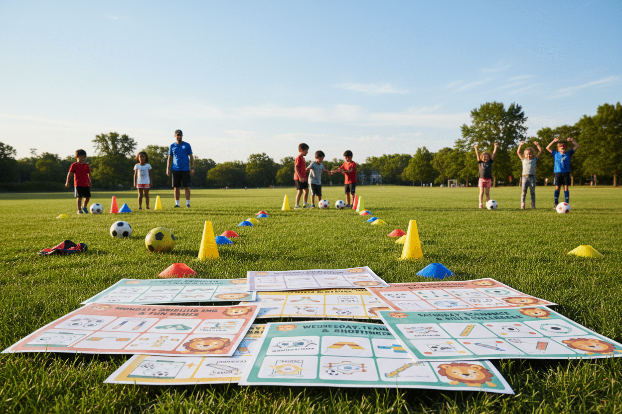 A vibrant soccer practice scene focusing on schedules designed for kids. In the foreground, colorful practice schedules are scattered on a grassy field, each featuring illustrations of drills and practice times. Brightly colored cones and soccer balls surround the schedules, creating an inviting atmosphere. In the middle ground, groups of smiling children in modest athletic wear are engaged in various soccer drills, showcasing teamwork and joy. The background features a clear blue sky and trees, enhancing the cheerful outdoor setting. Soft, natural lighting bathes the scene, capturing the energy and enthusiasm of youth soccer practice. The overall mood is lighthearted and encouraging, emphasizing fun, learning, and safe play for children.