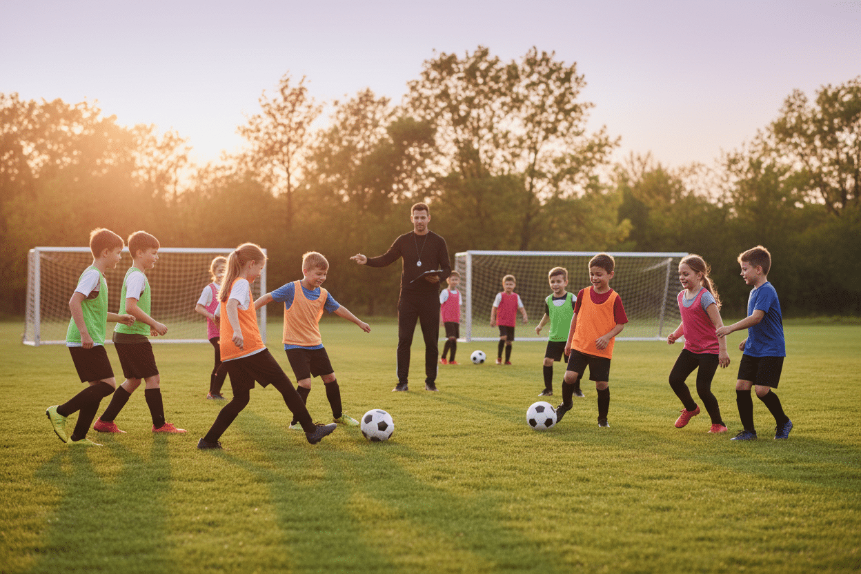 A vibrant soccer practice scene set in a well-maintained, open field at sunset, capturing the essence of consistent improvement. In the foreground, a diverse group of smiling children, aged around 8-12, dressed in modest athletic wear, actively engaging in soccer drills while demonstrating teamwork and collaboration. In the middle ground, a soccer coach, appearing supportive and encouraging, provides guidance and tips to the children, using a whistle and a clipboard for practice notes. The background features goalposts and lush green trees, softly illuminated by the warm glow of the setting sun, creating an inviting atmosphere. Soft colors dominate the scene, emphasizing a positive and playful environment where learning and enjoyment come together, devoid of any text, logos, or distractions. A vibrant soccer practice scene set in a well-maintained, open field at sunset, capturing the essence of consistent improvement. In the foreground, a diverse group of smiling children, aged around 8-12, dressed in modest athletic wear, actively engaging in soccer drills while demonstrating teamwork and collaboration. In the middle ground, a soccer coach, appearing supportive and encouraging, provides guidance and tips to the children, using a whistle and a clipboard for practice notes. The background features goalposts and lush green trees, softly illuminated by the warm glow of the setting sun, creating an inviting atmosphere. Soft colors dominate the scene, emphasizing a positive and playful environment where learning and enjoyment come together, devoid of any text, logos, or distractions.