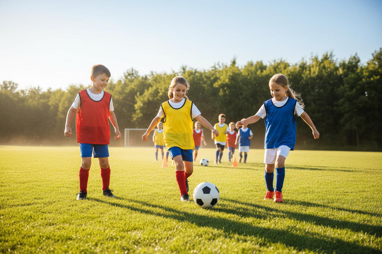 A bright, sunny soccer field bustling with young players aged 7-12, practicing drills. In the foreground, three kids in colorful training jerseys are executing a passing drill, their faces lit up with smiles and concentration. The middle ground features additional players running agility drills around cones, showcasing enthusiasm and teamwork. In the background, trees line the edge of the field under a clear blue sky. The scene is bathed in warm, natural light, creating a cheerful and energetic atmosphere. The focus is on the dynamic movement and camaraderie of the children, emphasizing a safe and supportive practice environment. The perspective captures the action from a slightly low angle, highlighting the excitement of the warm-up activities.