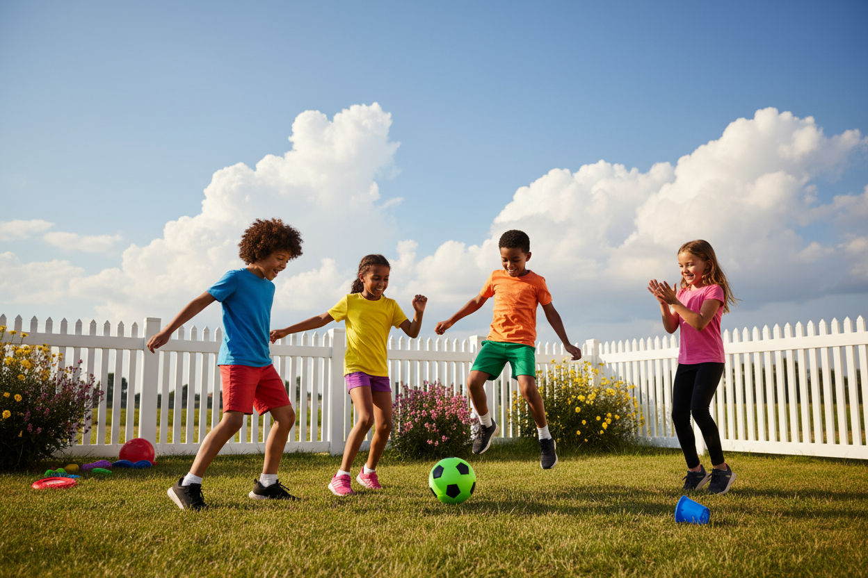 A cheerful backyard scene featuring a diverse group of four kids, two boys and two girls, aged 8 to 10, playing an energetic game of soccer. In the foreground, the kids are joyfully kicking a bright green soccer ball, with smiles on their faces, wearing colorful, modest athletic attire. Their energetic movements convey a sense of fun and teamwork. The middle ground shows a grassy yard surrounded by a white picket fence and scattered toys, emphasizing a safe play environment. In the background, a clear blue sky and a few fluffy white clouds create a bright and inviting atmosphere. The lighting is warm and natural, capturing the joyful mood of a sunny afternoon, with a focus on the kids and their enjoyment of the game.