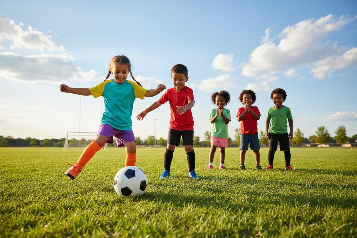A cheerful soccer scene featuring a diverse group of preschool kids attempting a corner kick on a sunny day. In the foreground, a young girl with pigtails is poised to take the kick, wearing brightly colored athletic wear and a big smile, while a boy in a red jersey excitedly prepares to receive the ball. In the middle ground, a small group of kids stands in anticipation, with expressions of joy and focus. The background showcases a lush green field with goalposts and a vibrant blue sky dotted with fluffy white clouds. The lighting is warm and soft, creating a friendly and inviting atmosphere, reminiscent of a playful day at the park. Use a slightly angled view to capture the dynamic action and excitement of the moment. A cheerful soccer scene featuring a diverse group of preschool kids attempting a corner kick on a sunny day. In the foreground, a young girl with pigtails is poised to take the kick, wearing brightly colored athletic wear and a big smile, while a boy in a red jersey excitedly prepares to receive the ball. In the middle ground, a small group of kids stands in anticipation, with expressions of joy and focus. The background showcases a lush green field with goalposts and a vibrant blue sky dotted with fluffy white clouds. The lighting is warm and soft, creating a friendly and inviting atmosphere, reminiscent of a playful day at the park. Use a slightly angled view to capture the dynamic action and excitement of the moment.