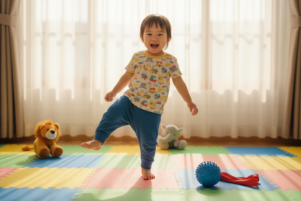 A cheerful toddler engaging in fun foot exercises in a bright, safe playroom. The child, dressed in a colorful t-shirt and soft pants, is happily balancing on one foot while stretching out the other, surrounded by colorful foam mats and plush toys. In the background, a soft sunlight streams through a window, illuminating the scene, enhancing the playful atmosphere. The toddler's smiling face radiates joy, and there are colorful exercise props like a small ball and a resistance band nearby, indicating a fun training session. Use a warm, soft lighting to create an inviting mood, and capture the image from a slightly elevated angle to showcase the activity and the playful environment. The overall feeling should be light-hearted and encouraging, emphasizing engagement and enjoyment in physical activity.