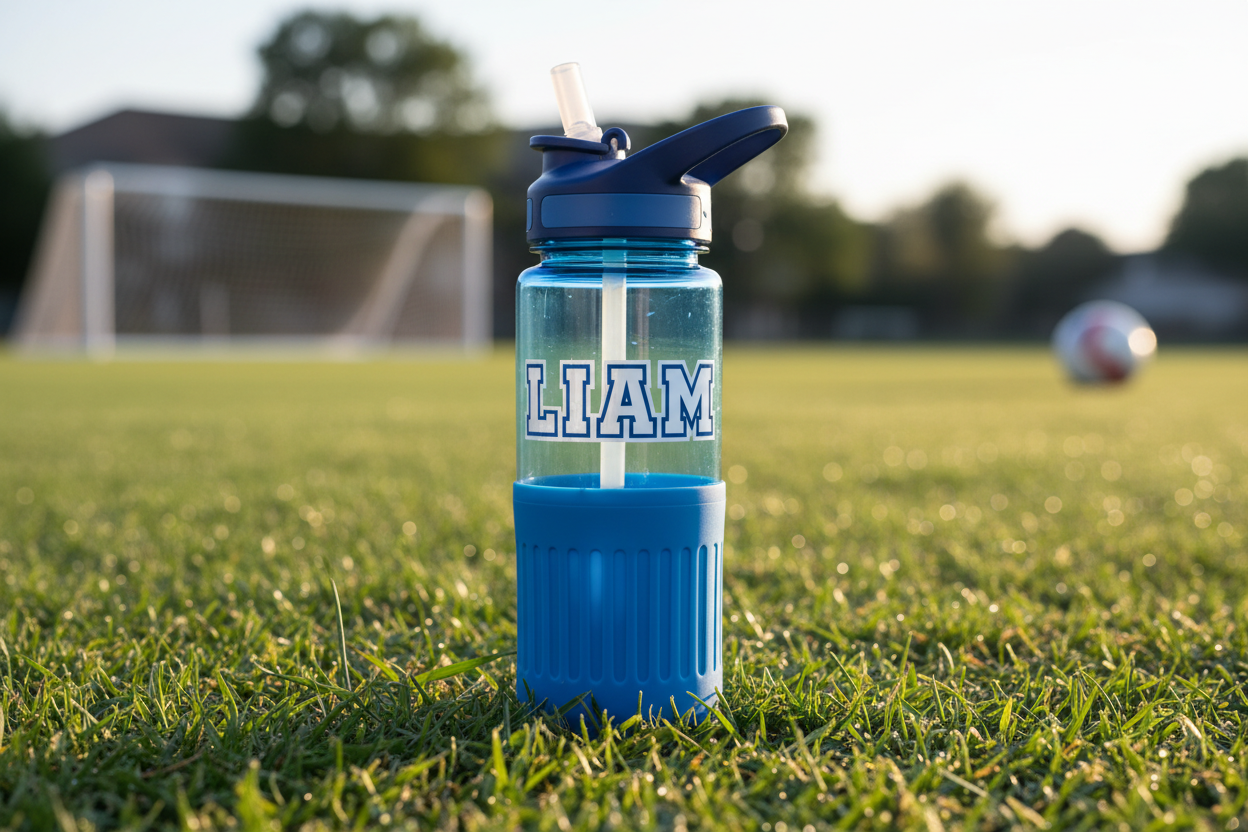 A high-quality, BPA-free labeled youth sports water bottle with a personalized name sticker and a spill-proof lid, sitting on green soccer field grass.