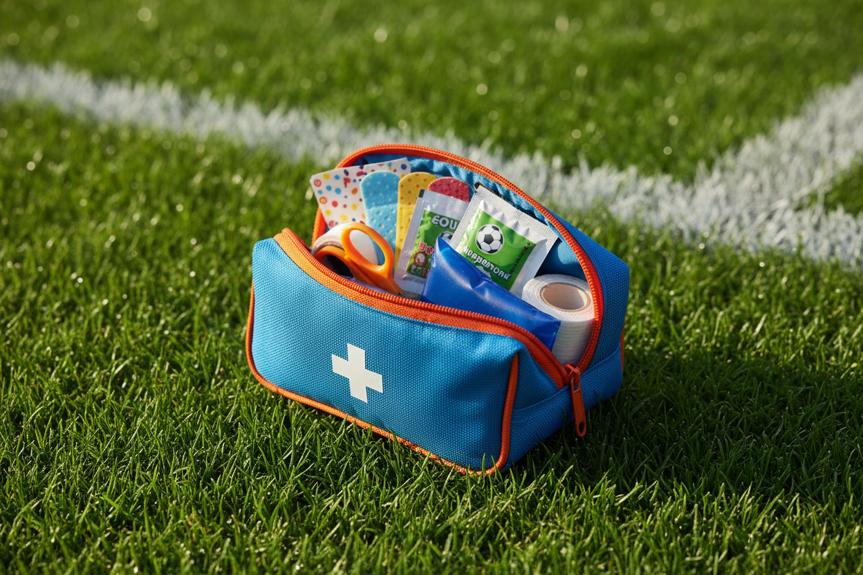 A high-quality, compact youth sports first aid kit sitting on a green soccer field, featuring colorful bandages, antiseptic wipes, and a small cold pack, realistic style.