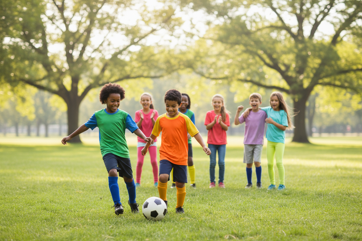 A joyful scene of diverse children aged 8-10 playing soccer in a sunny park, demonstrating teamwork. In the foreground, two kids pass a soccer ball with bright smiles, showcasing camaraderie and effort. The middle ground features teammates cheering each other on, wearing colorful, modest athletic wear. Behind them, a well-maintained grassy field and trees frame the background, with sunlight filtering through leaves to create a warm, inviting atmosphere. Use soft colors to convey a sense of happiness and teamwork. The lighting should be bright and natural, with a shallow depth of field to focus on the kids. The mood is uplifting and energetic, capturing the spirit of cooperation and joy in sports. A joyful scene of diverse children aged 8-10 playing soccer in a sunny park, demonstrating teamwork. In the foreground, two kids pass a soccer ball with bright smiles, showcasing camaraderie and effort. The middle ground features teammates cheering each other on, wearing colorful, modest athletic wear. Behind them, a well-maintained grassy field and trees frame the background, with sunlight filtering through leaves to create a warm, inviting atmosphere. Use soft colors to convey a sense of happiness and teamwork. The lighting should be bright and natural, with a shallow depth of field to focus on the kids. The mood is uplifting and energetic, capturing the spirit of cooperation and joy in sports.