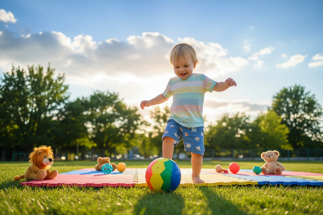 A joyful toddler, around three years old, is practicing ball control and balance in a sunny, outdoor playground. The child, dressed in a soft, colorful T-shirt and shorts, is focused and smiling as they gently kick a small, vibrant soccer ball. In the foreground, the toddler is slightly off-balance yet determined, showcasing a moment of concentration. In the middle ground, green grass and soft colorful play mats provide a safe environment for play, while a few plush toys and smaller balls are scattered around. The background features bright blue skies with fluffy white clouds and trees that create a playful ambiance. The lighting is warm and inviting, highlighting the cheerful nature of this learning moment. The composition captures an energetic and encouraging atmosphere perfect for developing balance and coordination. A joyful toddler, around three years old, is practicing ball control and balance in a sunny, outdoor playground. The child, dressed in a soft, colorful T-shirt and shorts, is focused and smiling as they gently kick a small, vibrant soccer ball. In the foreground, the toddler is slightly off-balance yet determined, showcasing a moment of concentration. In the middle ground, green grass and soft colorful play mats provide a safe environment for play, while a few plush toys and smaller balls are scattered around. The background features bright blue skies with fluffy white clouds and trees that create a playful ambiance. The lighting is warm and inviting, highlighting the cheerful nature of this learning moment. The composition captures an energetic and encouraging atmosphere perfect for developing balance and coordination.