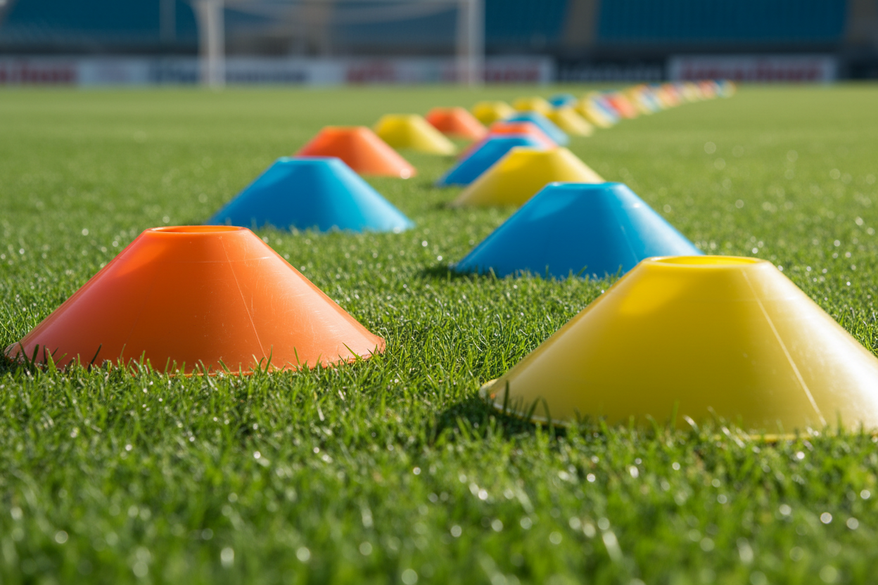 A set of multi-colored plastic soccer training cones set arranged in a zigzag pattern on a grass field, bright orange, blue, and yellow colors, professional sports photography style, sharp focus. A set of multi-colored plastic soccer training cones set arranged in a zigzag pattern on a grass field, bright orange, blue, and yellow colors, professional sports photography style, sharp focus.