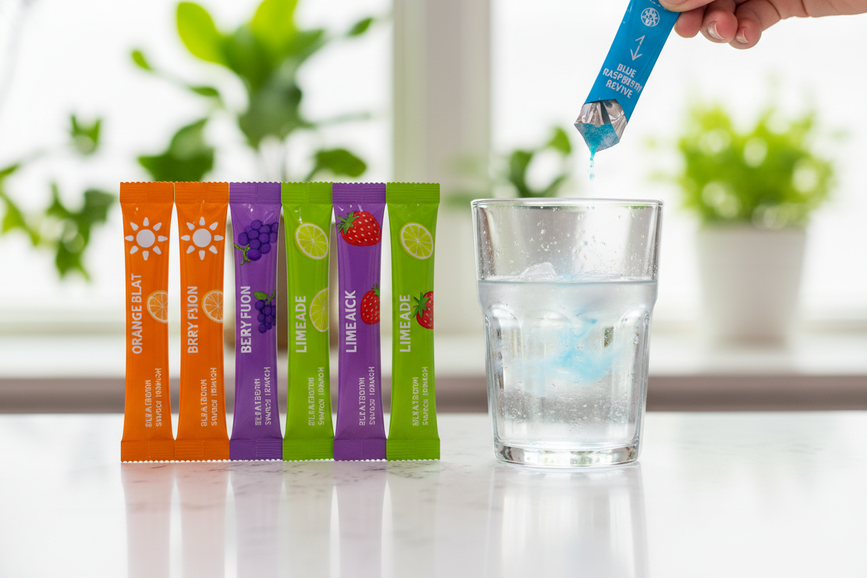 A variety pack of youth sports electrolyte powder sticks with natural fruit flavors, displayed next to a clear glass of water.