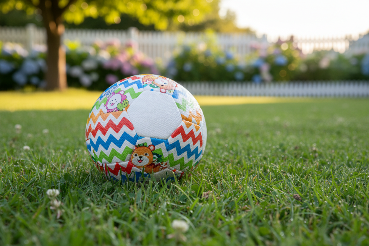 A vibrant, high-quality size 3 soccer ball for toddlers featuring colorful patterns, sitting on a well-manicured green lawn during a sunny afternoon, soft natural lighting, realistic texture, 8k resolution. A vibrant, high-quality size 3 soccer ball for toddlers featuring colorful patterns, sitting on a well-manicured green lawn during a sunny afternoon, soft natural lighting, realistic texture, 8k resolution.