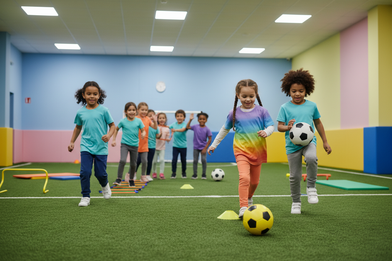 A vibrant indoor soccer fitness game for kids, featuring a group of smiling children engaged in various fun activities. In the foreground, an energetic girl dribbles a bright yellow soccer ball, dressed in a colorful jersey and shorts. Nearby, a boy performs a skillful juggling act with the ball. In the middle ground, several kids are playing a relay race, showing teamwork and excitement, all wearing modest athletic wear. The background showcases an indoor soccer field with soft pastel-colored walls, bright overhead lights creating a warm, inviting atmosphere, and exercise equipment scattered around. The scene captures a sense of joy and camaraderie, perfect for rainy day activities. The focus is on safe play and the enthusiasm of children enjoying soccer together. A vibrant indoor soccer fitness game for kids, featuring a group of smiling children engaged in various fun activities. In the foreground, an energetic girl dribbles a bright yellow soccer ball, dressed in a colorful jersey and shorts. Nearby, a boy performs a skillful juggling act with the ball. In the middle ground, several kids are playing a relay race, showing teamwork and excitement, all wearing modest athletic wear. The background showcases an indoor soccer field with soft pastel-colored walls, bright overhead lights creating a warm, inviting atmosphere, and exercise equipment scattered around. The scene captures a sense of joy and camaraderie, perfect for rainy day activities. The focus is on safe play and the enthusiasm of children enjoying soccer together.