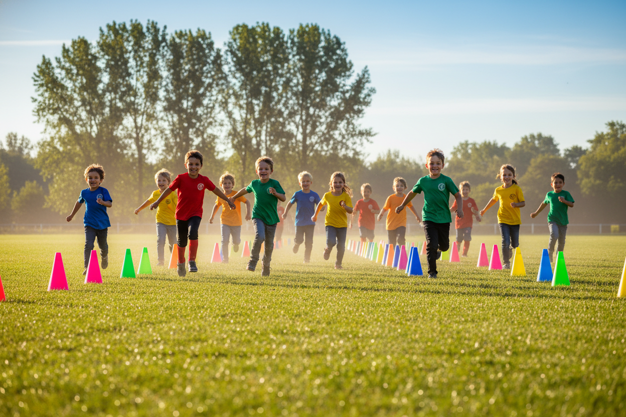 A vibrant photograph of young children in soccer jerseys laughing while navigating through a field of bright multicolored cones, wide angle, natural sunlight.