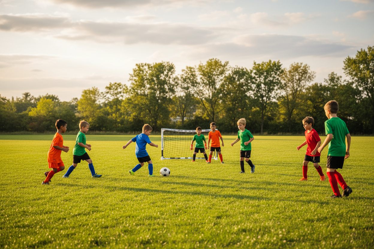 A vibrant scene capturing a small-sided soccer game for young players, focusing on spatial awareness. In the foreground, a group of children aged 6-10, wearing bright soccer jerseys and shorts, are engaged in an intense yet joyful match on a grassy field. Their expressions are cheerful as they navigate their positions, demonstrating teamwork and strategy. In the middle ground, a small goal is set up, with one child about to take a shot, while others are strategically positioned, showcasing awareness of space and movement. The background features a sunny day with soft clouds, trees lining the field, and light filtering through, creating a warm and encouraging atmosphere. The composition should be lively, with accents of green from the grass and soft colors enhance the playful spirit of the game, making it a safe and welcoming environment for learning.