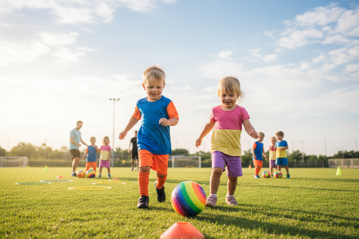 A vibrant scene capturing the essence of focus in toddler soccer. In the foreground, two smiling children, a boy and a girl, are engaged in a spirited soccer drill, their expressions radiating concentration as they chase a brightly colored soccer ball. Both are dressed in colorful, modest sports attire. The middle ground features a lush green soccer field with a few scattered cones and other young kids playing together, demonstrating teamwork and focus. The background showcases a bright, sunny sky with soft, fluffy clouds, adding warmth to the atmosphere. The image is illuminated by natural sunlight, creating a cheerful yet focused mood. The composition is dynamic, with an eye-level angle that emphasizes the children's interaction, while soft color tones enhance the playful environment, making it visually appealing and inviting.