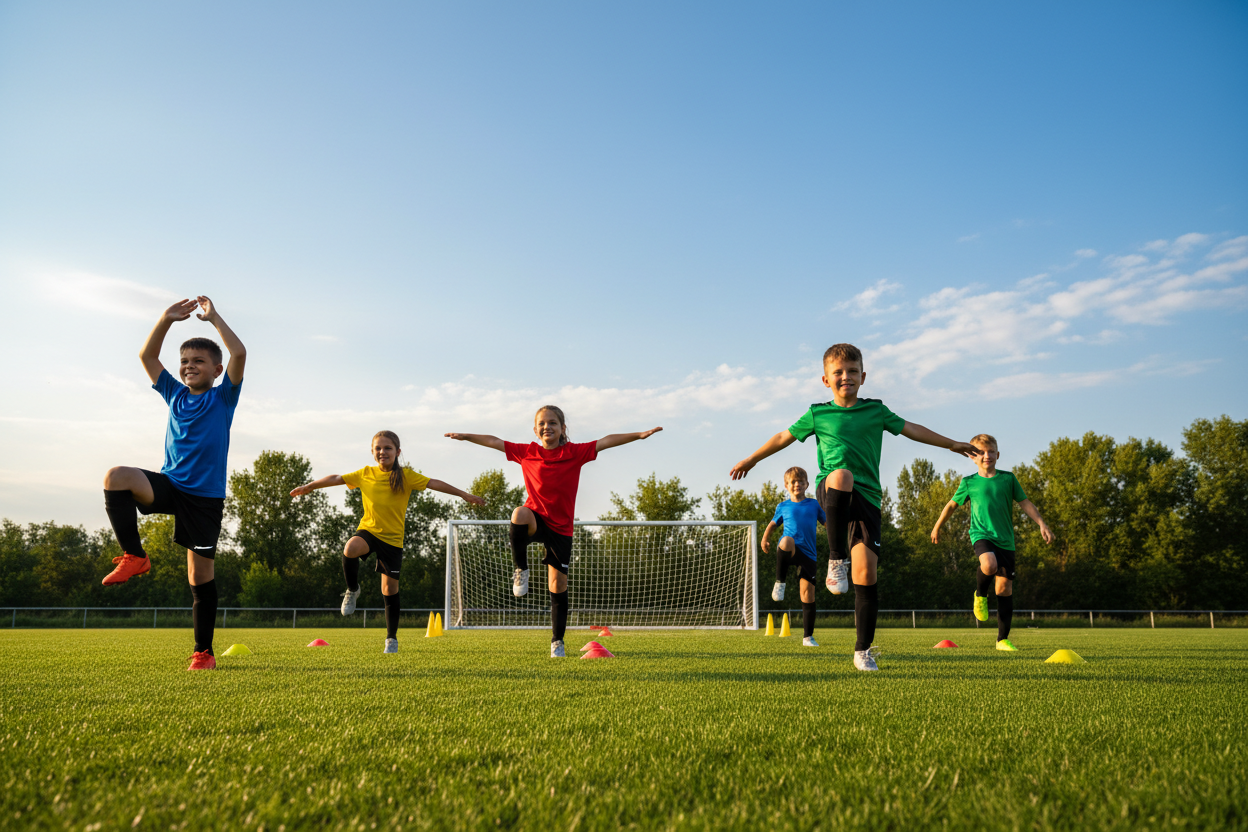 A vibrant scene depicting young soccer players engaging in dynamic stretching routines on a grassy soccer field. In the foreground, a diverse group of smiling children, aged 8 to 12, dressed in colorful soccer uniforms, are performing a variety of stretches like arm circles and high-knees. Their expressions showcase enthusiasm and focus. The middle ground features a well-maintained soccer goal and cones set up for practice, while the background reveals a bright blue sky with soft, fluffy clouds, and trees lining the field. The image should have soft, warm lighting to evoke a cheerful and energetic atmosphere, captured from a low-angle perspective to highlight the children in action. The overall mood should be playful and inspiring, reflecting a safe and fun environment for young athletes. A vibrant scene depicting young soccer players engaging in dynamic stretching routines on a grassy soccer field. In the foreground, a diverse group of smiling children, aged 8 to 12, dressed in colorful soccer uniforms, are performing a variety of stretches like arm circles and high-knees. Their expressions showcase enthusiasm and focus. The middle ground features a well-maintained soccer goal and cones set up for practice, while the background reveals a bright blue sky with soft, fluffy clouds, and trees lining the field. The image should have soft, warm lighting to evoke a cheerful and energetic atmosphere, captured from a low-angle perspective to highlight the children in action. The overall mood should be playful and inspiring, reflecting a safe and fun environment for young athletes.