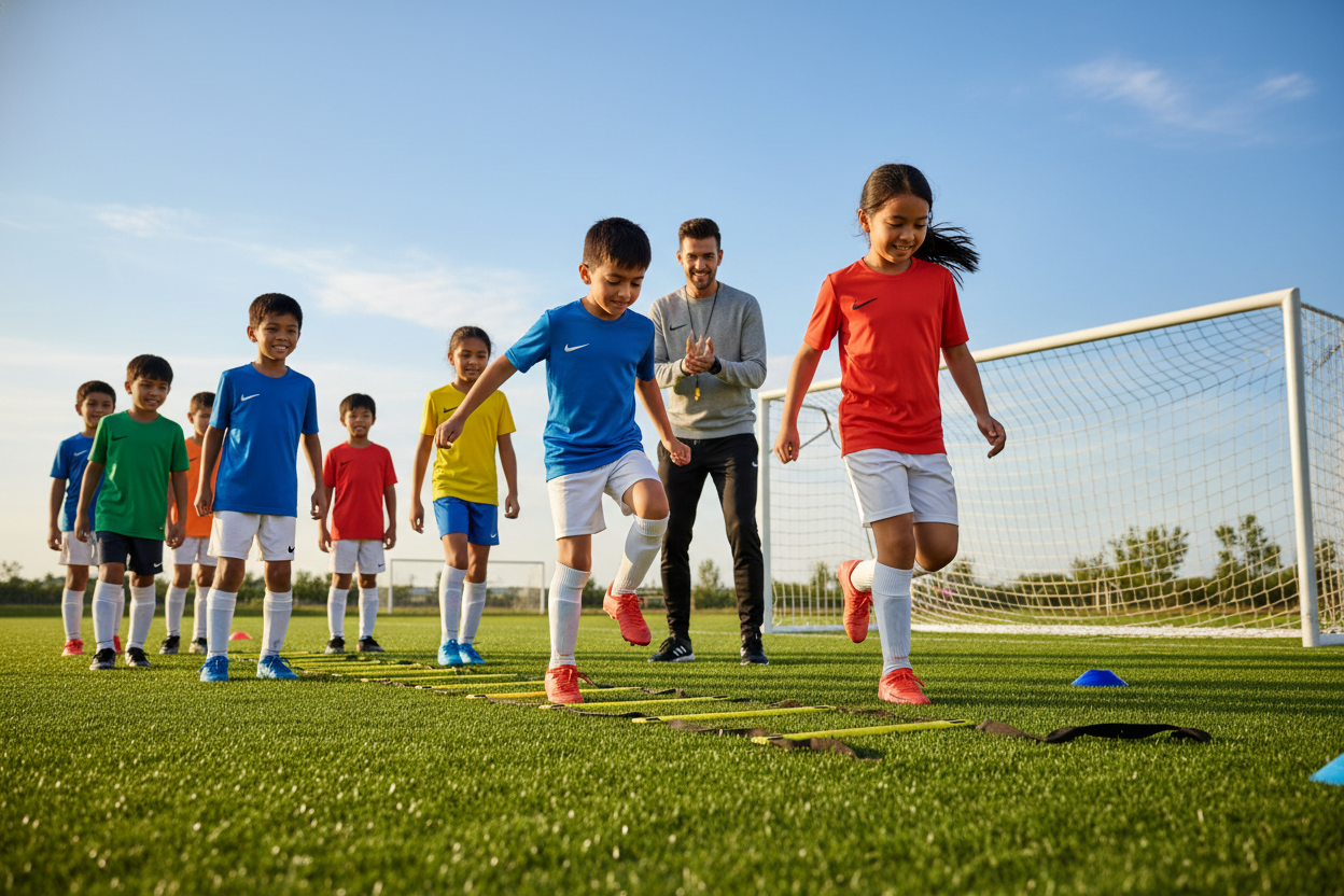 A vibrant scene of youth soccer players engaging in agility ladder training on a sunny day. In the foreground, a diverse group of smiling children, wearing colorful athletic gear, enthusiastically performs drills on a bright yellow agility ladder laid out on lush green grass. Their movements are dynamic, showcasing agility and teamwork. In the middle ground, a coach, dressed in a sporty outfit, demonstrates a drill while encouraging the players. The background features a clear blue sky and a soccer goal off to the side, giving a sense of a well-maintained practice field. The atmosphere is cheerful and energetic, with soft lighting that enhances the joyful mood of the training session.