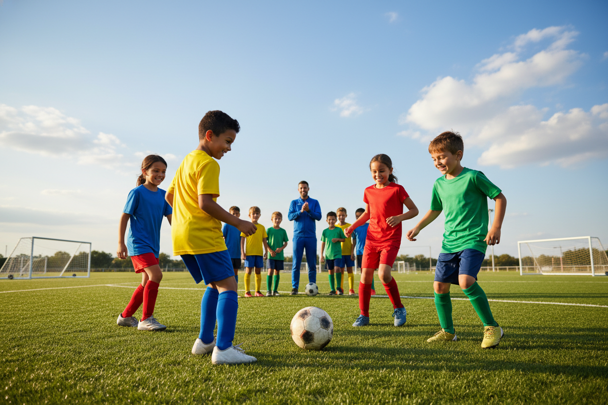 A vibrant soccer field filled with young players, ages 6 to 10, engaged in a spirited practice session. In the foreground, a diverse group of children, wearing colorful soccer jerseys and shorts, smile as they pass the ball to one another. Their expressions reflect joy and enthusiasm. In the middle ground, a coach gives instructions, gesturing actively to encourage teamwork. The background features a lush green field under a bright blue sky, with a few fluffy white clouds. The lighting is soft and warm, suggesting a sunny afternoon, creating an inviting and cheerful atmosphere. The scene captures the essence of fun and camaraderie in youth sports, promoting a sense of excitement and readiness for soccer success.