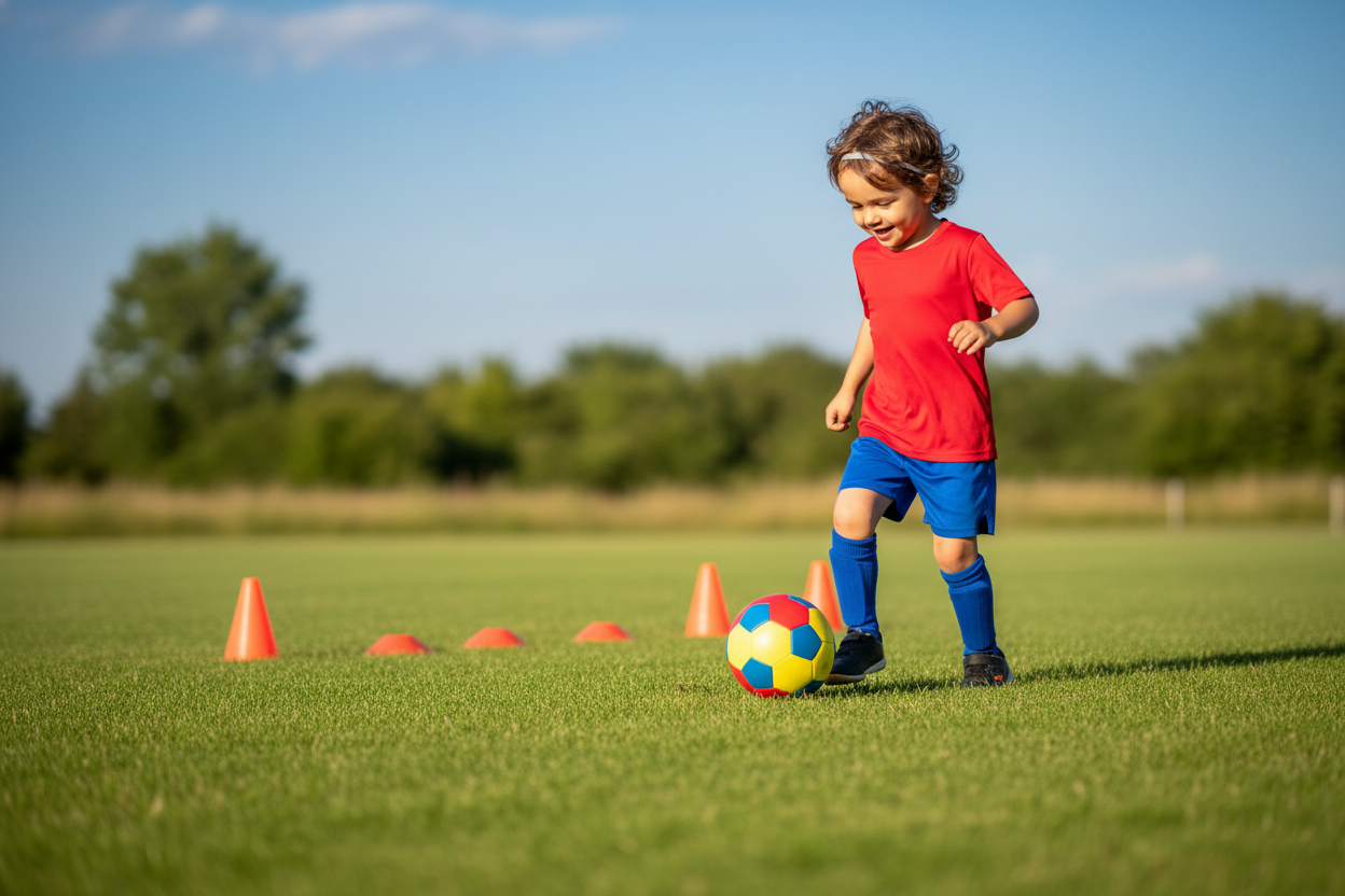 A young child, around four years old, is practicing ball control on a vibrant green soccer field. The child is wearing a bright red jersey and blue shorts, with a big smile, focused on dribbling a small, colorful soccer ball. In the foreground, the child's posture displays concentration as they maneuver the ball, showing a playful yet determined vibe. In the middle ground, a few cones are set up in a casual training drill, illustrating a safe play environment. The background features soft greenery and a clear blue sky, enhancing the cheerful atmosphere. The lighting is warm and natural, capturing the joy of outdoor play during a sunny day. Angle the shot slightly from the side to capture both the child's actions and the environment harmoniously. A young child, around four years old, is practicing ball control on a vibrant green soccer field. The child is wearing a bright red jersey and blue shorts, with a big smile, focused on dribbling a small, colorful soccer ball. In the foreground, the child's posture displays concentration as they maneuver the ball, showing a playful yet determined vibe. In the middle ground, a few cones are set up in a casual training drill, illustrating a safe play environment. The background features soft greenery and a clear blue sky, enhancing the cheerful atmosphere. The lighting is warm and natural, capturing the joy of outdoor play during a sunny day. Angle the shot slightly from the side to capture both the child's actions and the environment harmoniously.