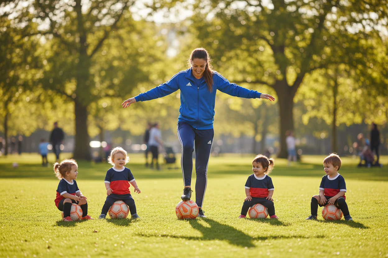 An high-quality photo of a patient soccer coach showing a group of 3-year-old kids how to stand on one foot on a soccer ball during a sunny community park class. An high-quality photo of a patient soccer coach showing a group of 3-year-old kids how to stand on one foot on a soccer ball during a sunny community park class.