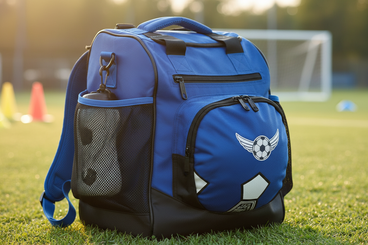 Durable youth soccer equipment bag with side mesh pockets and ball compartment, blue and black colors.