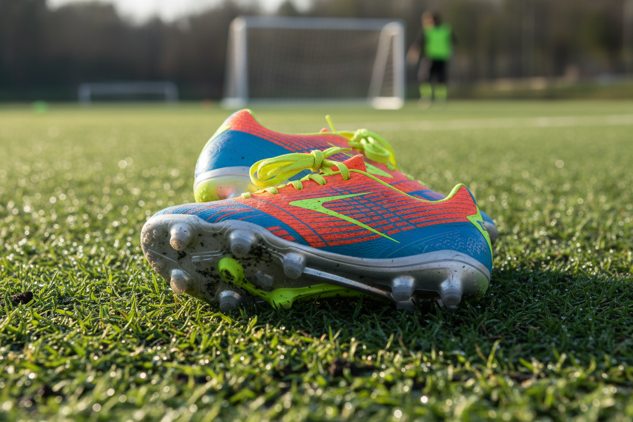 High-quality youth soccer cleats for natural grass and artificial turf, bright colors, outdoors on a green field, realistic style.