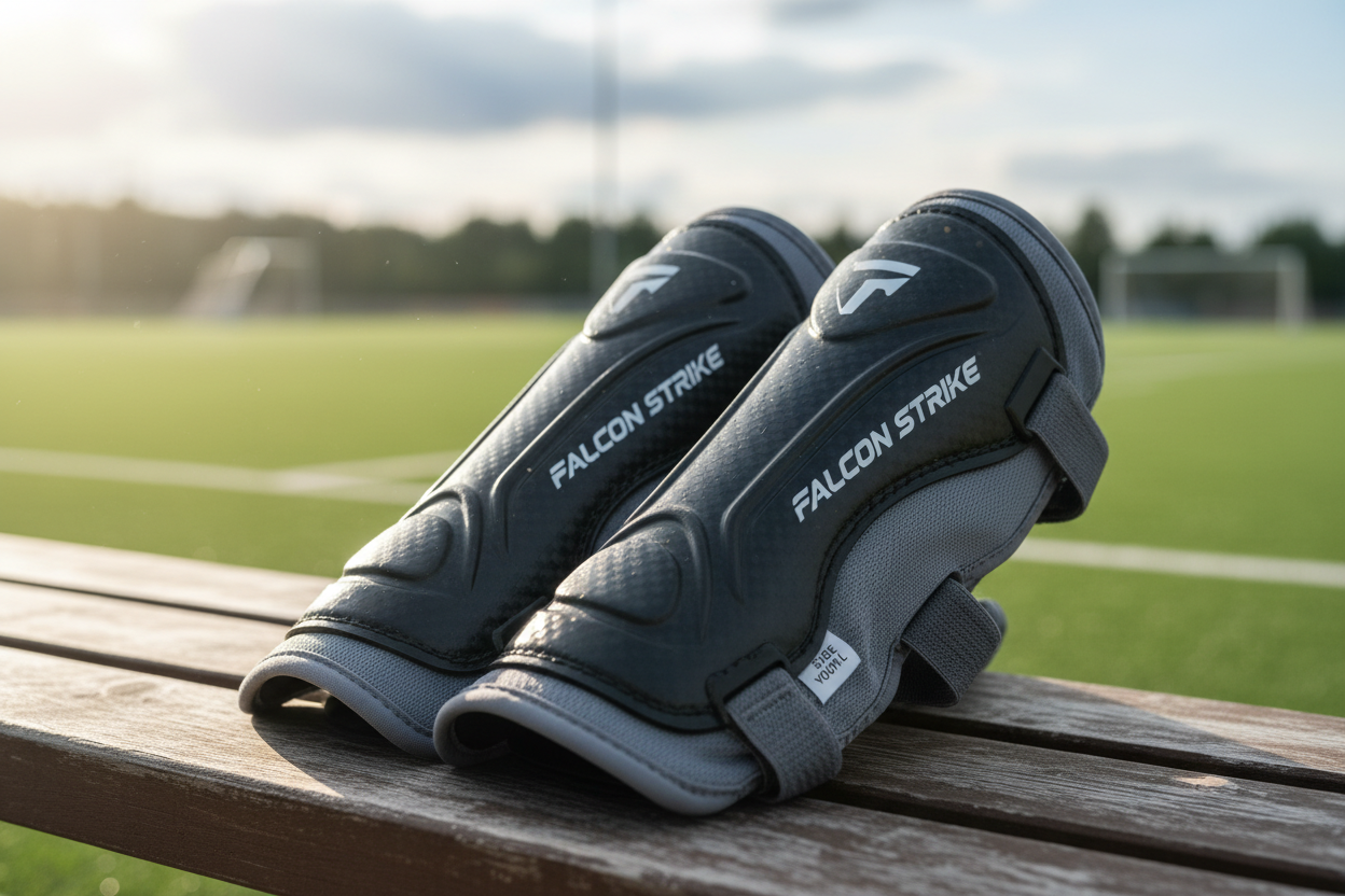 Protective youth soccer shin guards with padded sleeves, sitting on a sports bench, professional product photography.